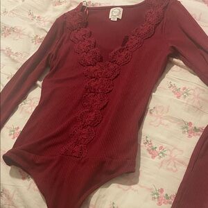 Elegant Burgundy Lace Trim Bodysuit